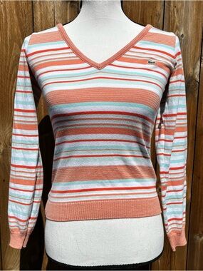 Y2K Lacoste Striped V-Neck Sweater in Coral, White & Mint